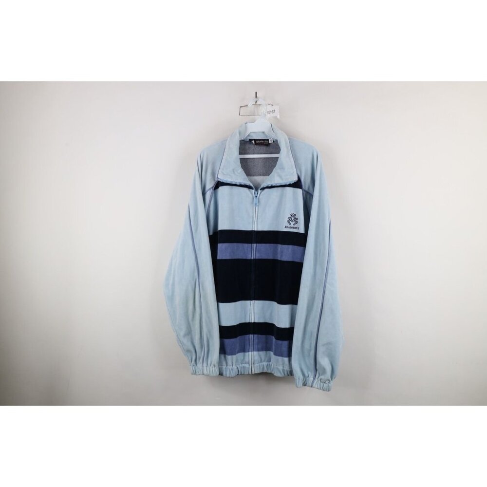 Vintage 90s Akademiks Mens XL Distressed Striped Velour Full Zip Jacket Blue